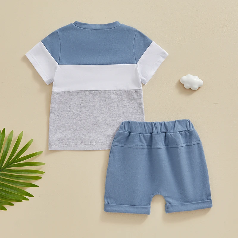 Blotona Toddler Boys Summer Outfits Contrast Colors Short Sleeve T-Shirt and Elastic Shorts for 2Pcs Vacation Clothes Set 0-3Y