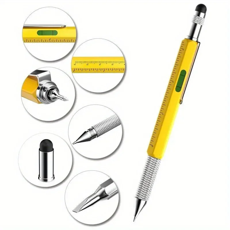 6 In 1 Multifunctional Tool Pen Scale Level Gauge Screwdriver Capacitor Head Handwriting Rotary Metal Tool Smooth Ballpoint Pen