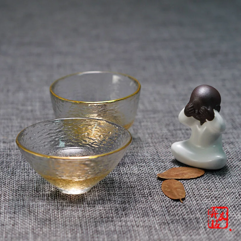 Gold Glass Tea Bowl Cup with Glod Rim, Japanese Style, Hand Hammer, Kung Fu Accessories, Green Puer Teacups, Teaware Set