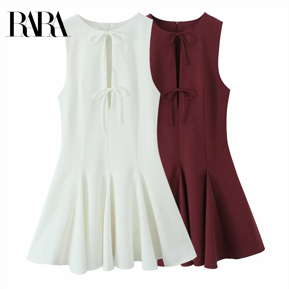 

2025 RARA Women's Sleeveless Dresses with Bow - front Design in White and Maroon for a Delightful Look