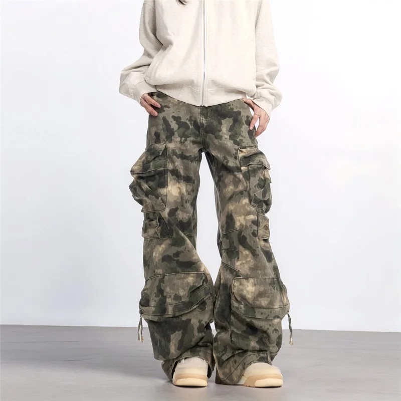 

Американские камуфляжные рабочие брюки в стиле ретро, мужские модные брендовые прямые брюки High Street, свободные повседневные десантники с несколькими карманами и широкими штанинами