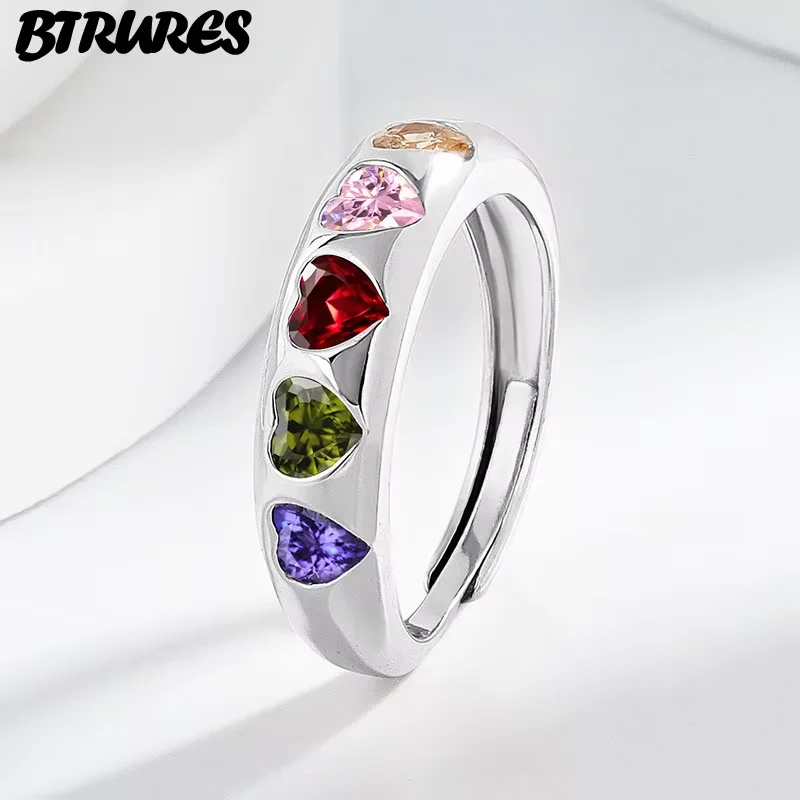 BTRURES 925 Sterling Silver 18K Gold Heart Zircon Round Open Adjustable Rings For Women Fashion Jewelry