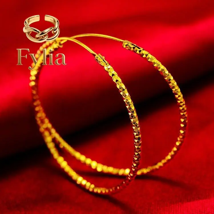 

Fylia Jewelry Large Round Hoop Earrings Women's 24K Gold AU999 - Sleek plain hoops, face-framing round, 24K texture, AU999 aut