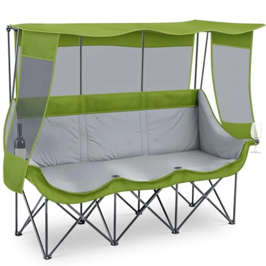 

Трехместное кемпинговое кресло с навесом, усиленное, выдерживающее нагрузку до 300 кг, увеличенное пляжное кресло для кемпинга с толстой подушкой, подстаканником и сумкой для переноски