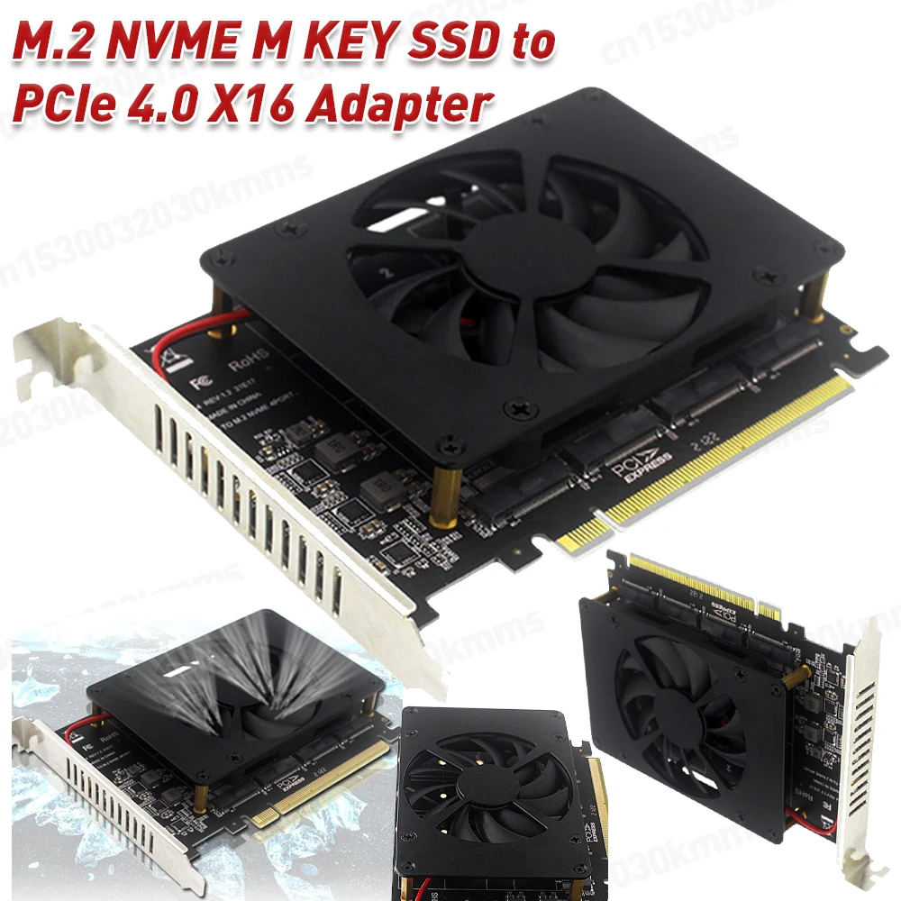 4 Disk M.2 NVME M KEY SSD To PCIe 4.0 X16 Adapter with Heat Sink PCIe 4.0 X16 Switch To 4 Ports M.2 Adapter Card 4 X 32Gbps