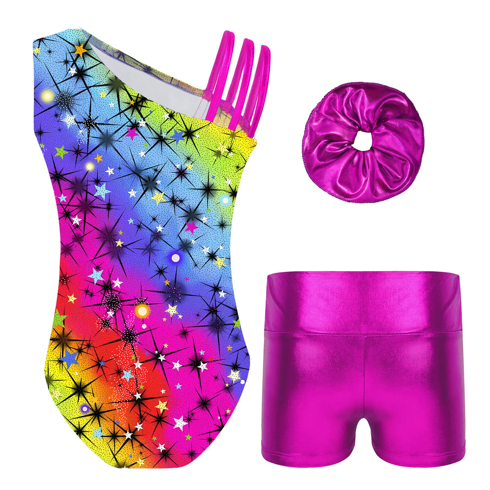 Kids Girls Ballet Jersey Unitard Dancewear Printed Artistic Skating Gymnastics Leotard with Metallic High Waist Shorts Hair Band