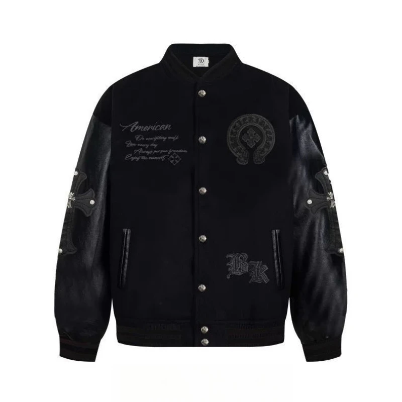 

High Street Embroidered Bomber Jacket Men Spliced PU Leather Sleeves Retro Baseball Jacket Coats Varsity Jacket Men Clothing