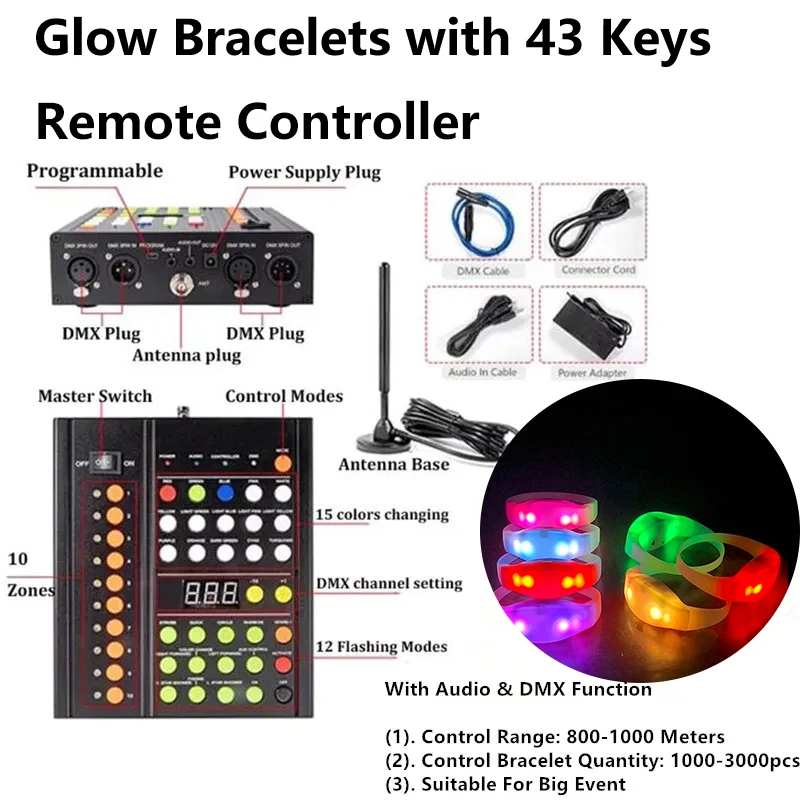 

43Keys 1000 Meters 10 Area 15 RGB Remote Controller DMX Function LED Bracelets 100/2000PCS Wristband Wedding Party