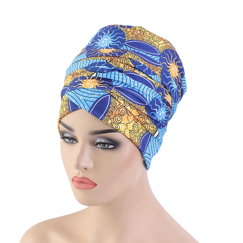 New Women African Pattern Print Elastic Headscarf Stretch Headband Long Tail Head Wrap Muslim Hijab Bonnet Bandanas Chemo Cap