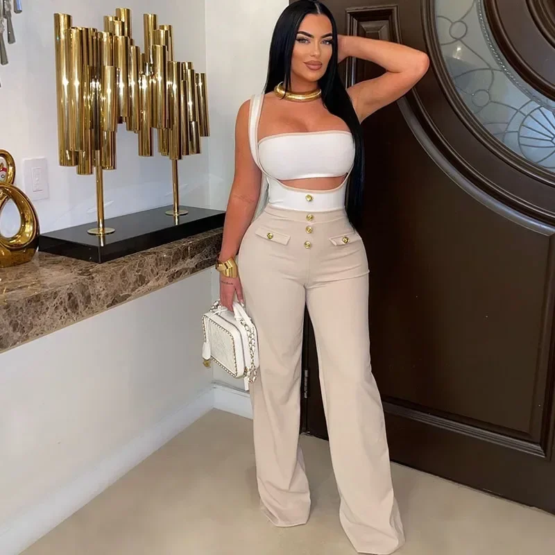 

Sexy Club Party 2 Piece Sets Women Outfit Y2K Clothes Strapless Crop Top and Button High Waisted Wide Leg Pants Suit Overalls