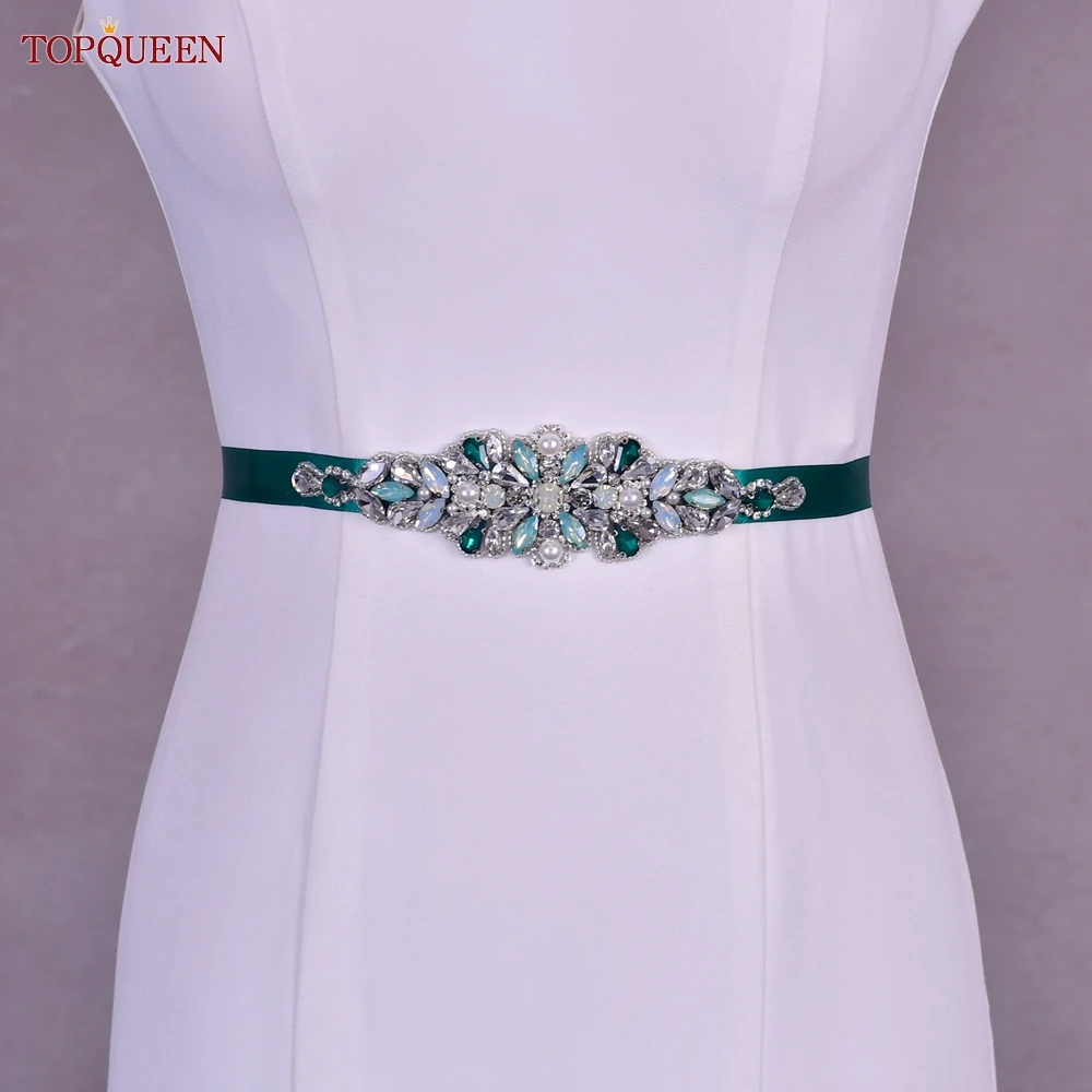 TOPQUEEN S443 cintura da sposa con strass verde di lusso in rilievo per abiti da sera formali fascia decorativa con diamanti personalizzati fatta a mano