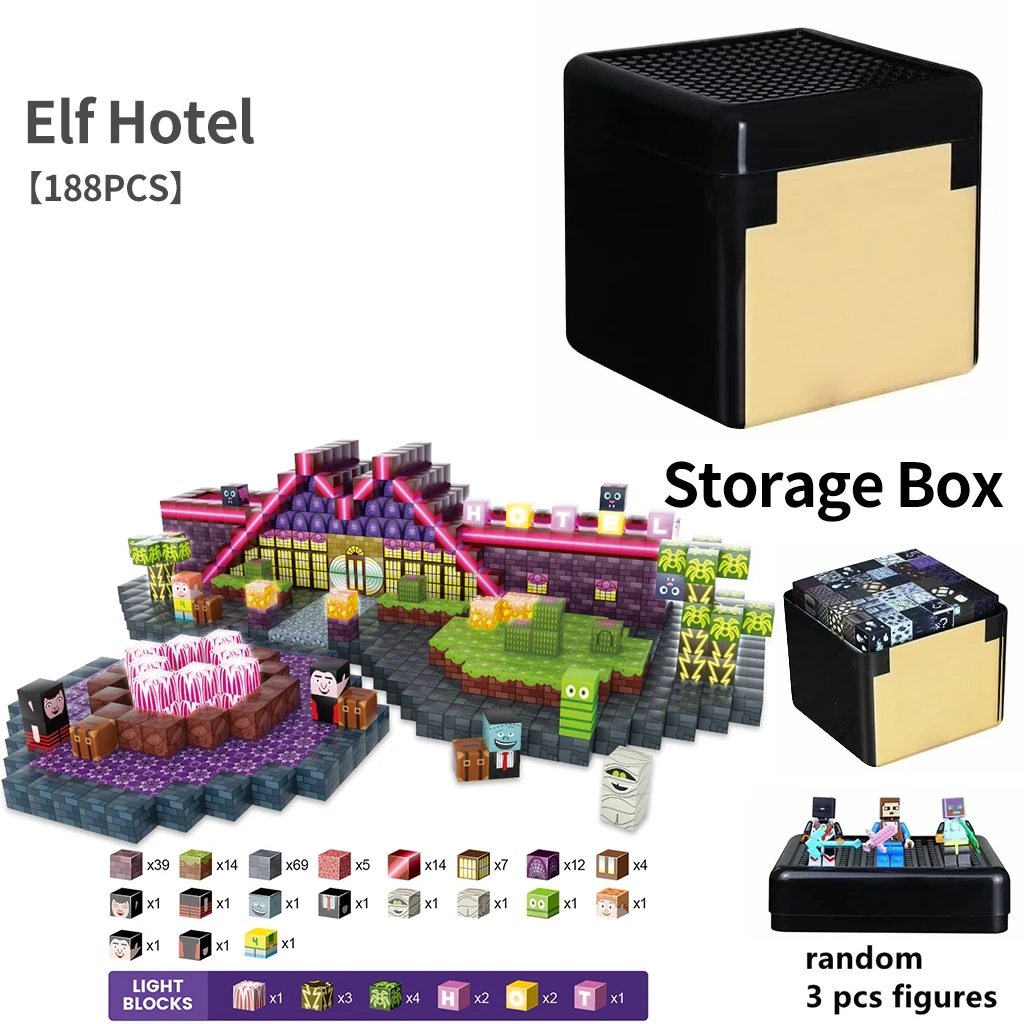 Elf Hotel Modello architettonico Blocchi magnetici con luci Giocattoli fai da te Regalo per bambini