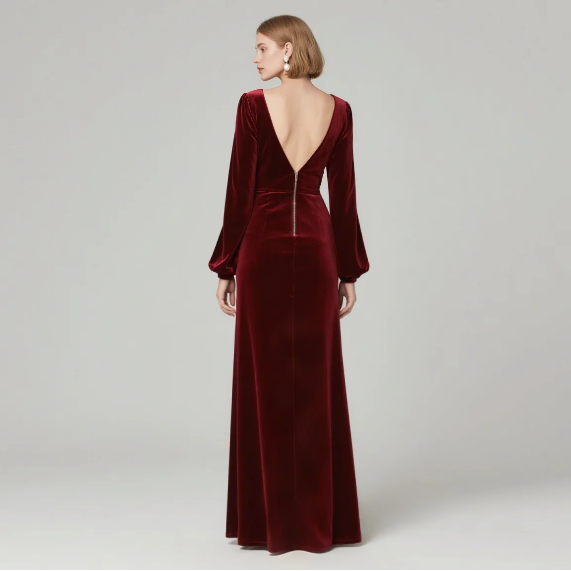 فستان سهرة أنيق على شكل حرف a مخملي بأكمام طويلة ورقبة على شكل V طول الأرض فتحة عالية فستان زفاف الضيوف 2025 مخصص مجاني