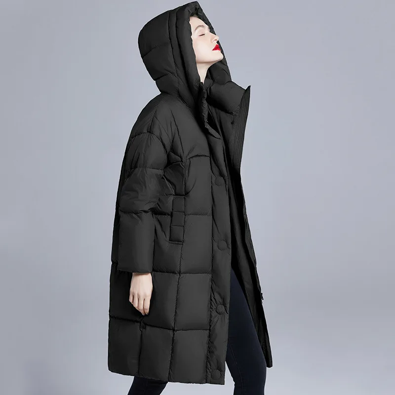 

Women Winter Quilted Down Jacket Warm Hooded Mid-Length Puffer Jacket Single-Breasted High-Quality Luxury Trench Coat Windproof