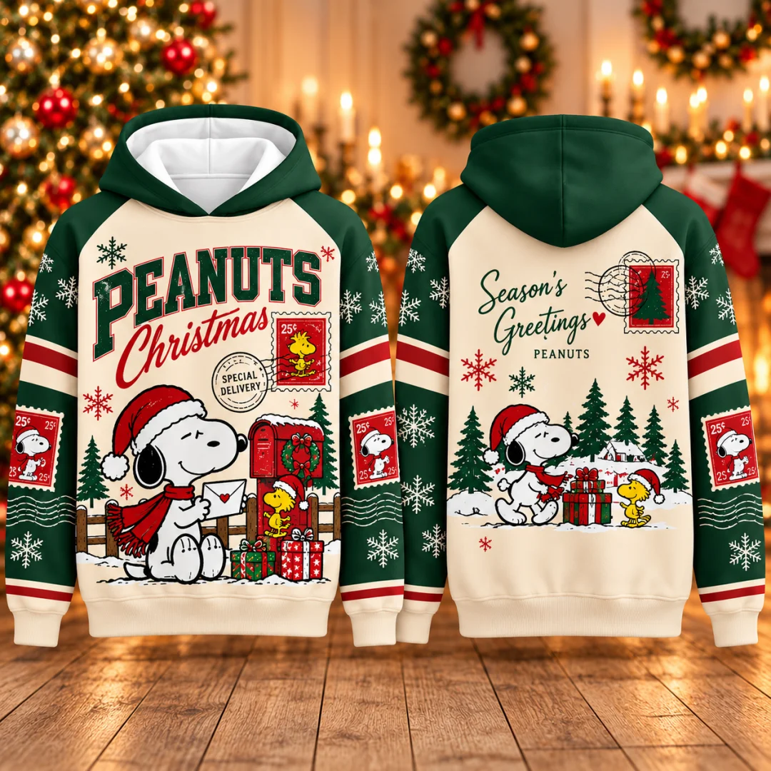 Peanuts Snoopy Christmas Postcard Stamp Hoodie Men Women Unisex Hooded Sweatshirt Xmas Winter Couple Gift Kids Pullover Tops