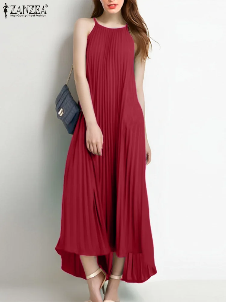 Sexy Solid Long Dress Fashion Strap Sleeveless Robes ZANZEA 2025 Summer Pleating Vestidos Vintage Irregular Hem Maxi Dresses