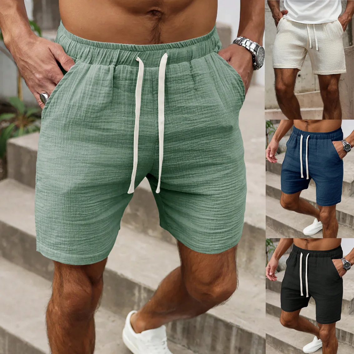 Men's Cotton Linen Shorts Solid Color drawstring Comfortable Breathable Summer Casual Beach Bermuda Shorts for men