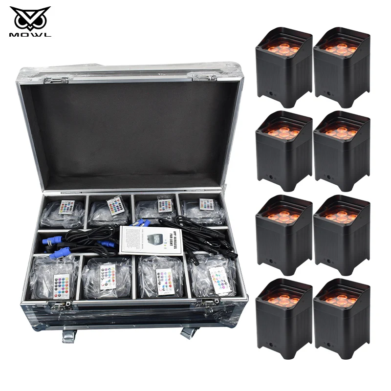 8pcs Stage Indoor DMX Wireless Battery Uplight RGBWA UV 6in1 LED Up light with Flightcase