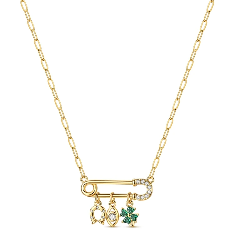 

New 925 Sterling Silver Golden Clover Horseshoe Necklace For Women Birthday Anniversary Jewelry Gifts ﻿