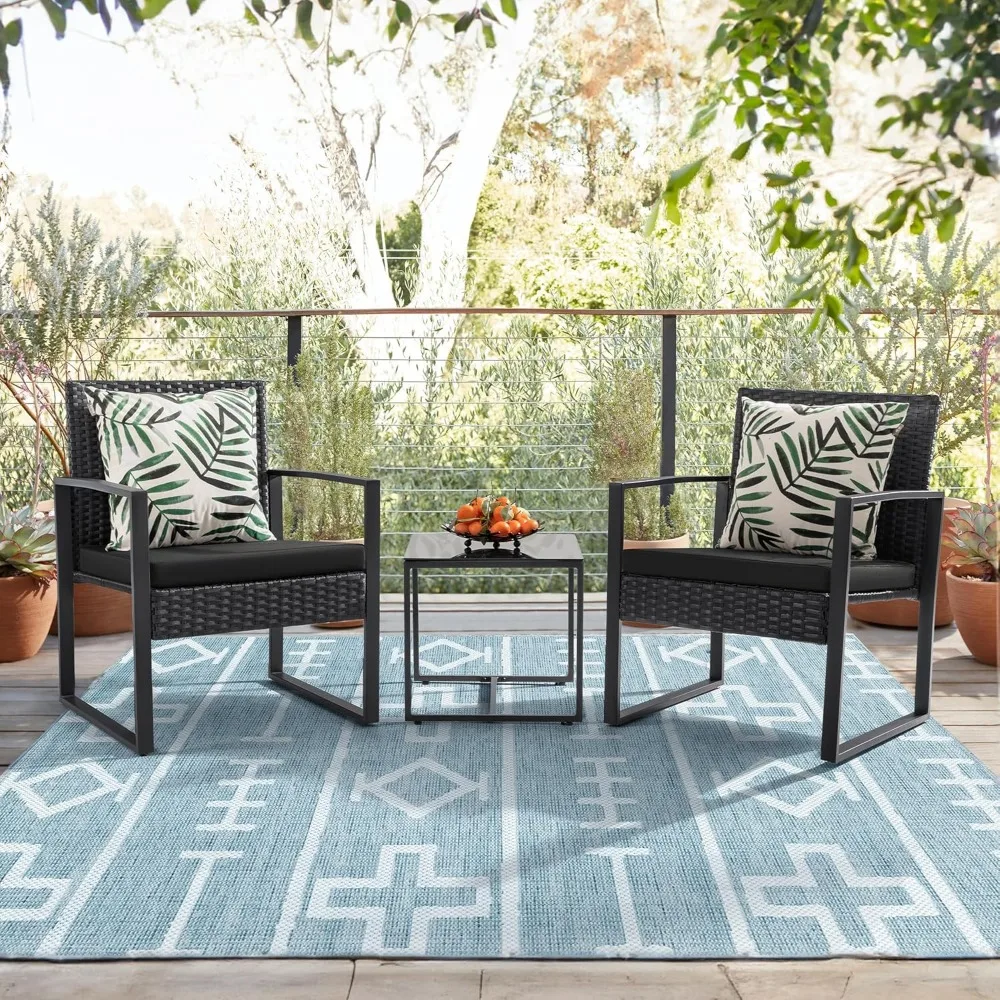 Set Teras 3 Buah Set Furnitur Anyaman Luar Ruangan Set Percakapan Kursi Rotan Modern dengan Meja Kopi untuk Halaman dan Bistro (B