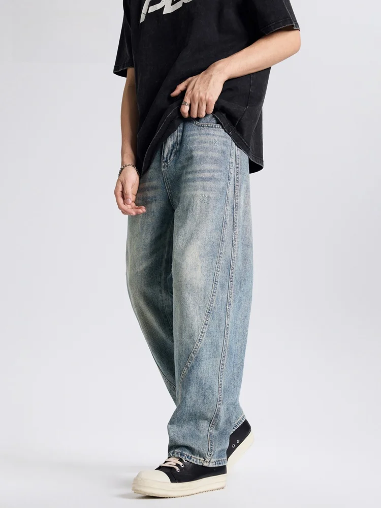 

JFU Men's Retro Waed Straight Leg Jeans Summer New Arrival Casual Long Pants Wide Leg Trousers Cotton Polyester Blend