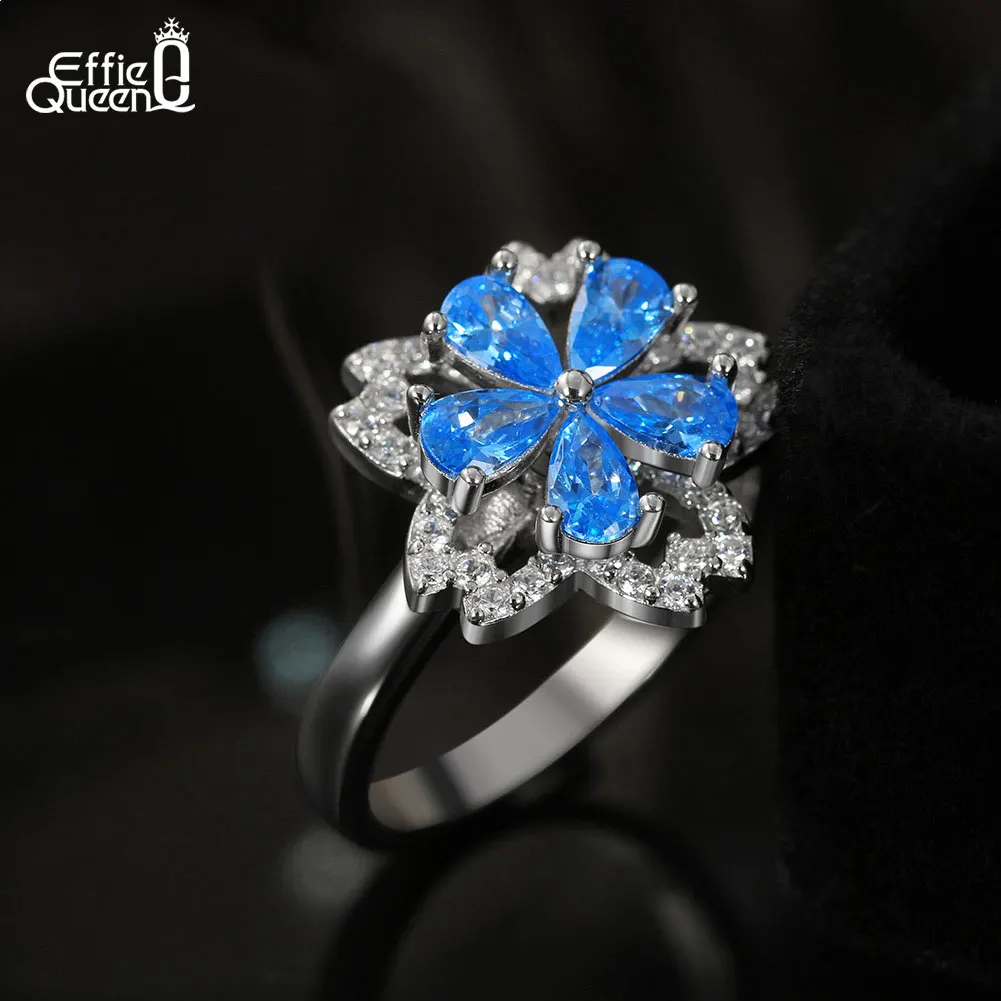 Effie Queen Rotatable Rings 925 Sterling Silver Petal Design AAAA Blue Water Drop Cubic Zirconia Size 6/7/8/9 Finger Gift LMR05