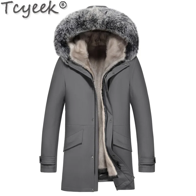 Tcyeek Natural Mink Fur Coat Men Winter Clothes Mid-length Mens Parka Warm Real Fur Coats Sliver Blue Mink 2025 Куртка Мужская