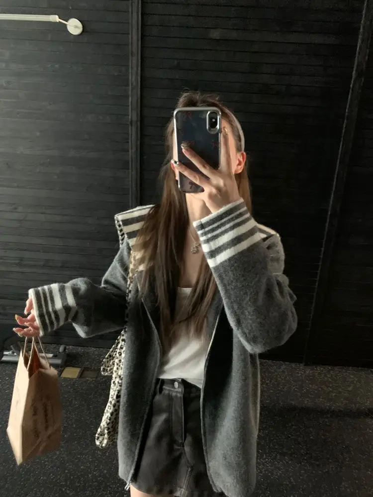 

Lazy College Style Contrasting Color Sweater Women Design Sweet Sailor Collar Casual Zipper Striped Knit Cardigan