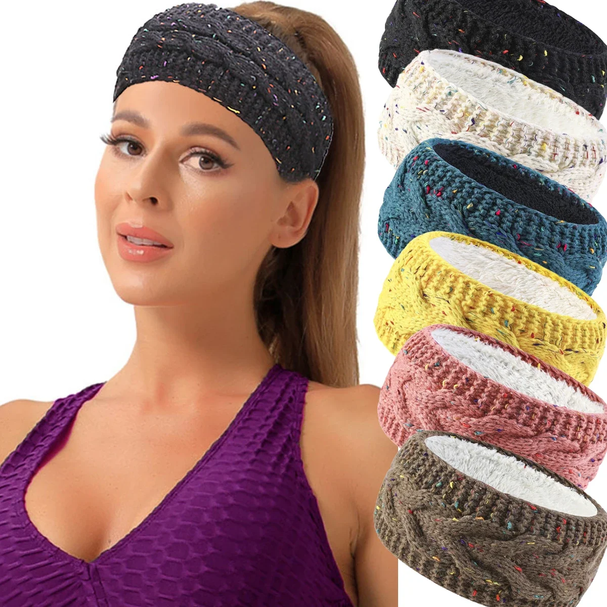 

1Pc Winter Warmer Ear Knitted Headband Turban for Women, Twist Yarn Color Dot Solid Hair Bands Headwrap, Ladies hair Accessories