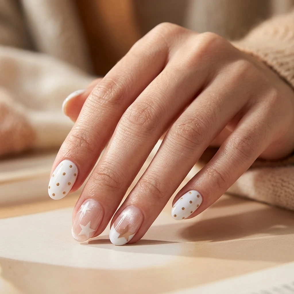 Reusable Press on Nails Short Oval Cat-Eye French Dot Star False Nail Tips for Wedding Party Holiday Daily Wear Resin Set