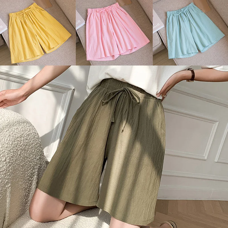 

Women's Cotton Linen Shorts Summer Loose Casual Straight Short Pants Solid Color Elastic Waist Wide Leg Knee Length Shorts