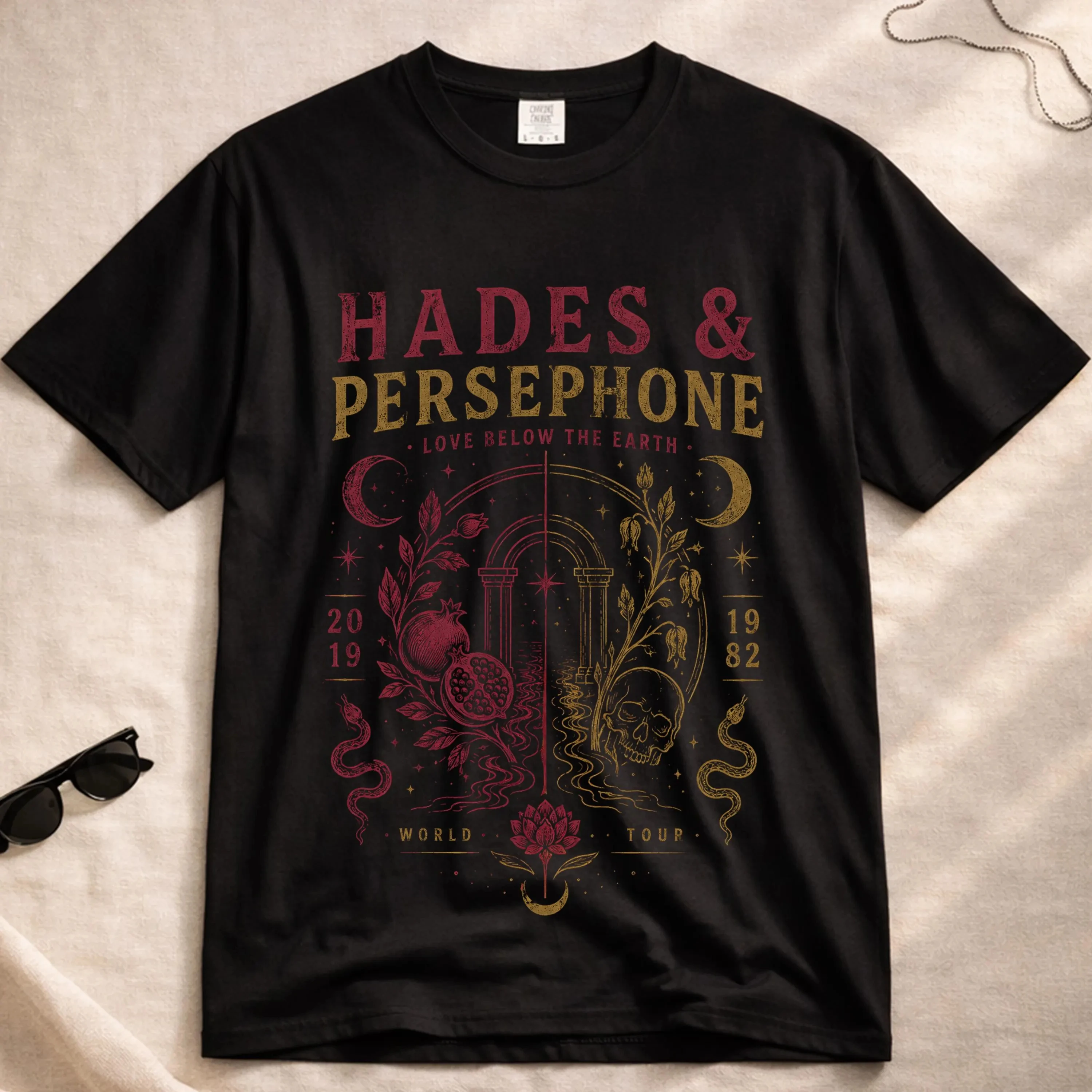 Hades & Persephone Mythology T-Shirt Love Below The Earth 1982 2019 World Tour Vintage Gothic Skull Pomegranate Snake Graphic