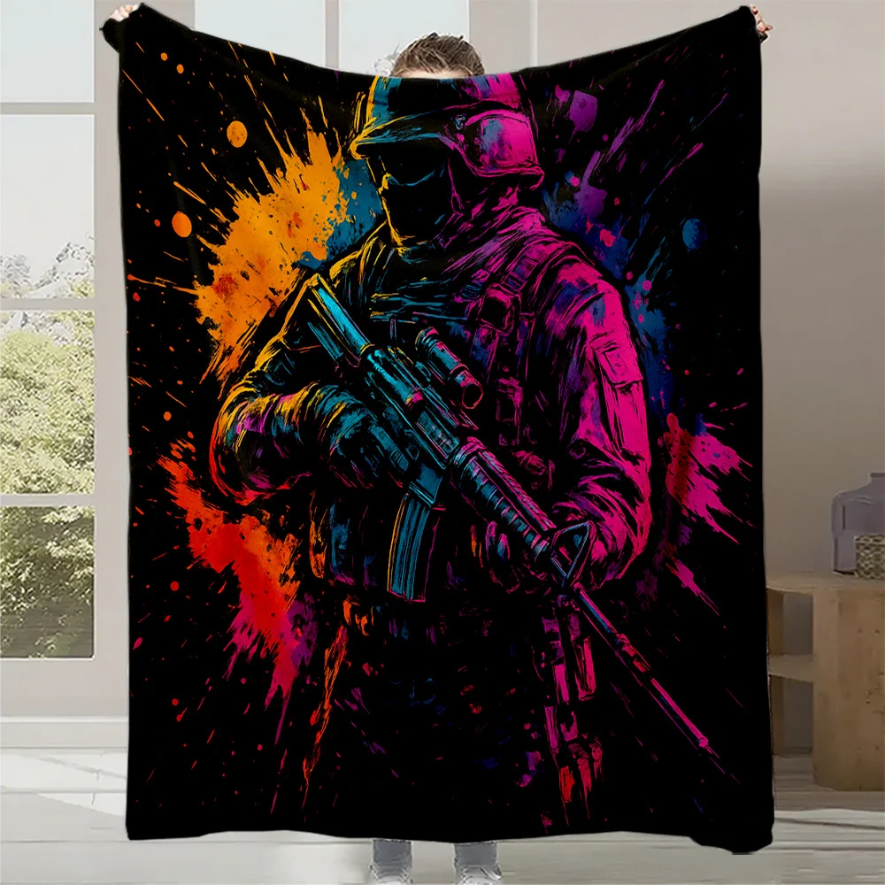 1pc Special Forces Commando Action Figure Blanket - Heavyweight Plush Flannel All-Season Soft Bedspread with Military Action Des