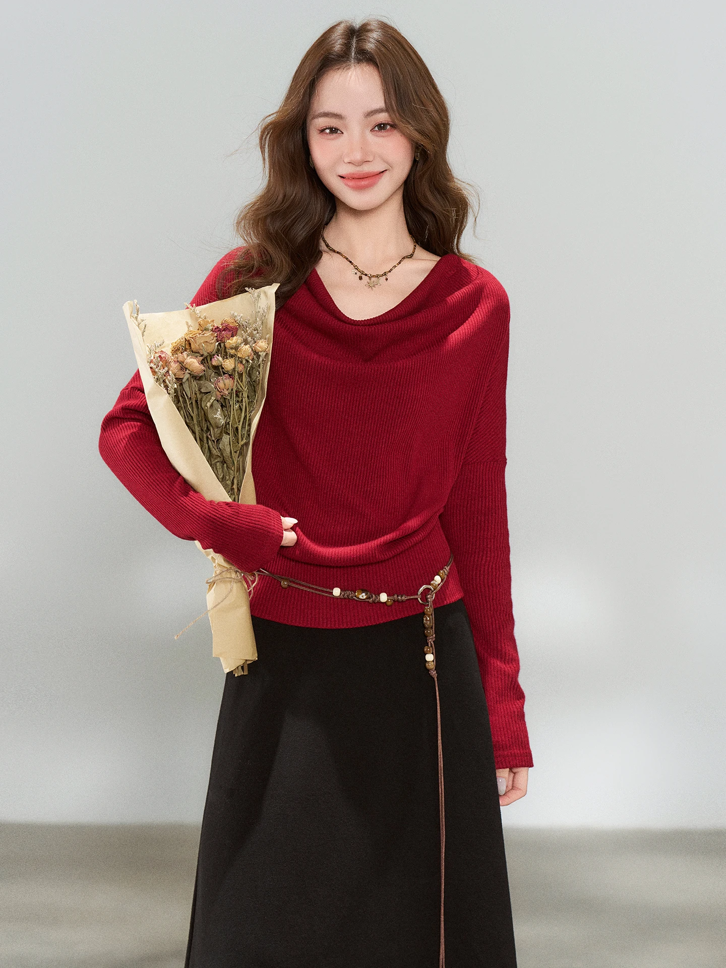

Spring 2026 Women's Knitted Top And Skirt Set High Ne Casual Sle Long Sve Elastic Waist Pure Color Two-Piece Ensemble