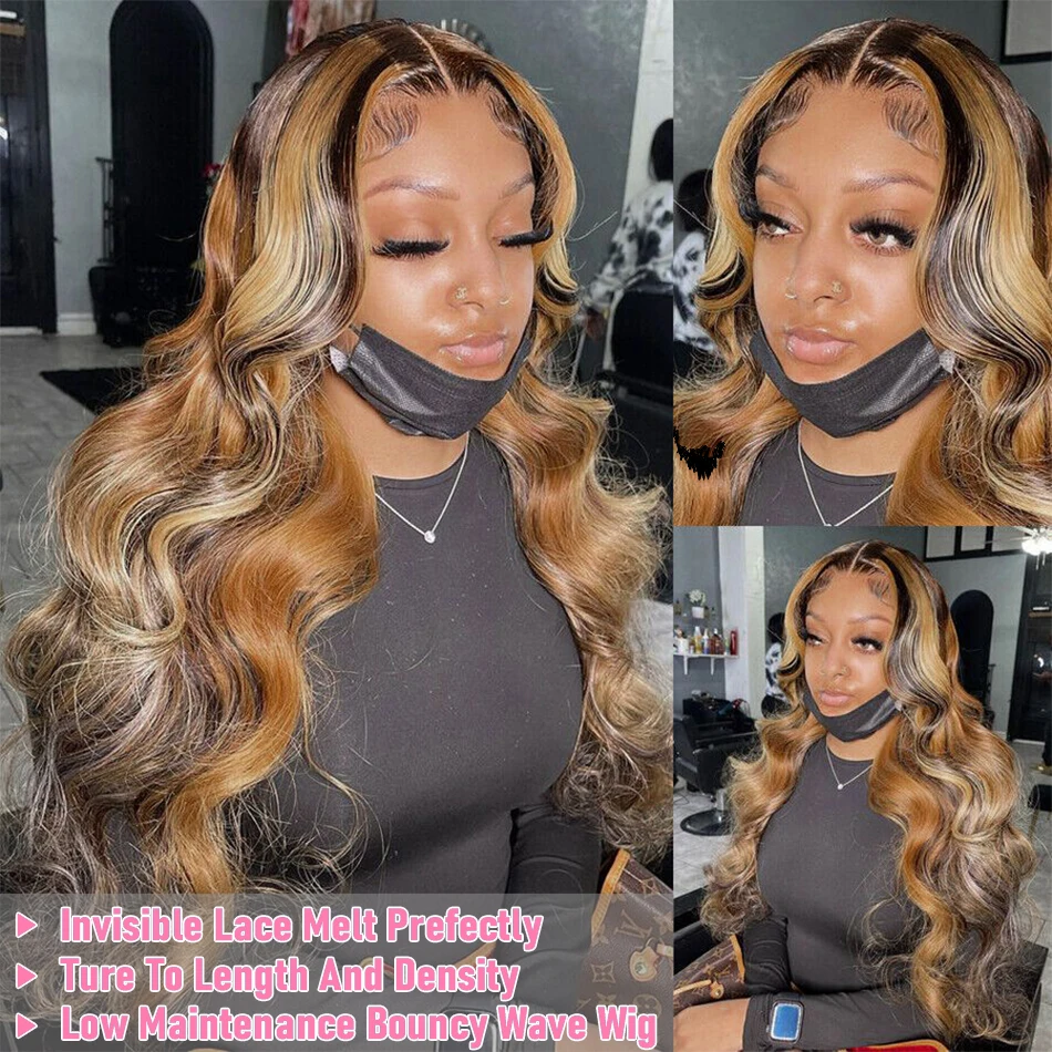 Gekleurde Highlight Body Wave 13X6 Lace Front Human Hair Pruiken Blonde Bruine Colorremy 13X4 Water Wave Lace Frontale Pruik Voor Vrouwen