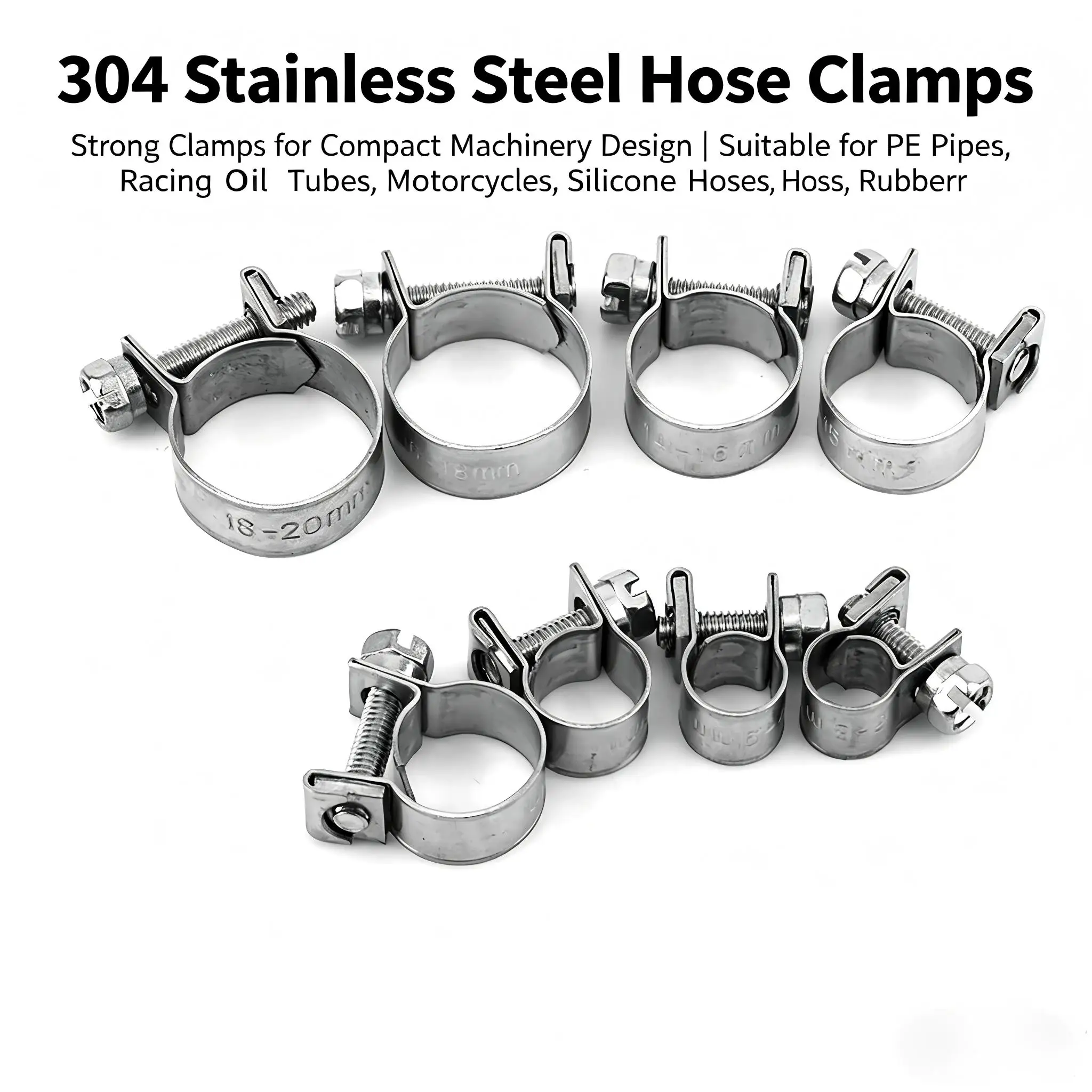 10pcs Hose Clamp Stainless Steel Mini Fuel Line Pipe Hose Clamp Clip 6mm‑20mm Optional Size