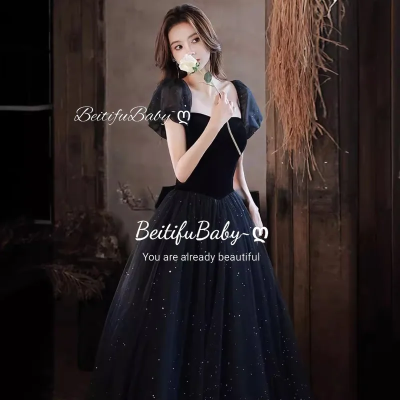 BeitifuBaby Vintage Women's Evening Party Dresses Off The Shoulder Lace-up Bow Banquet Black Gown Prom Dress for Women Vestidos