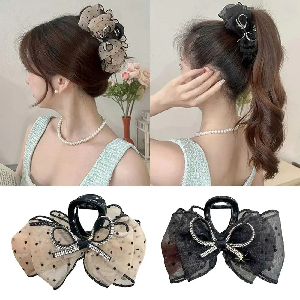 

Hair Accessories Crystal Diamond Bow Hair Claw Clip Double-side Bows Shark Clip Rhinestone Bowknot Ponytail Clip Sweet DIY