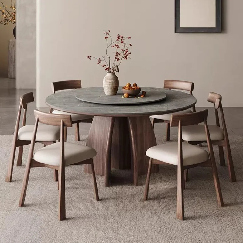 Modern Luxury Solid Wood Rock Slab Round Dining Tables And Sets With Turntable 6 4 Chairs Dining Rooms Tables Pliante Furniture