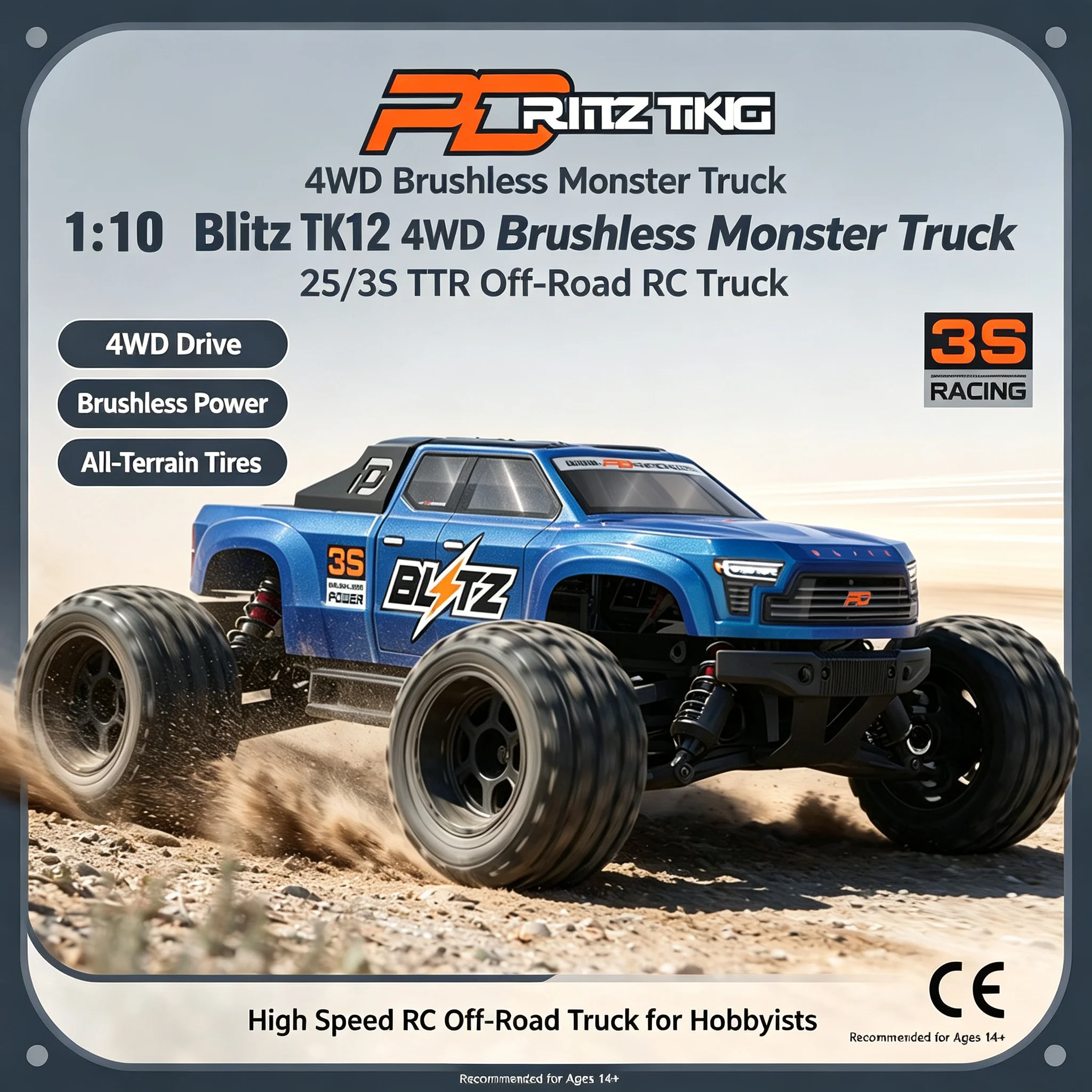 Pdracing 1/10 Tk12 4wd Brushless Rc Monster Truck Electric Off Road Remote Control Car For Adults All Terrain Racing Vehicle Toy