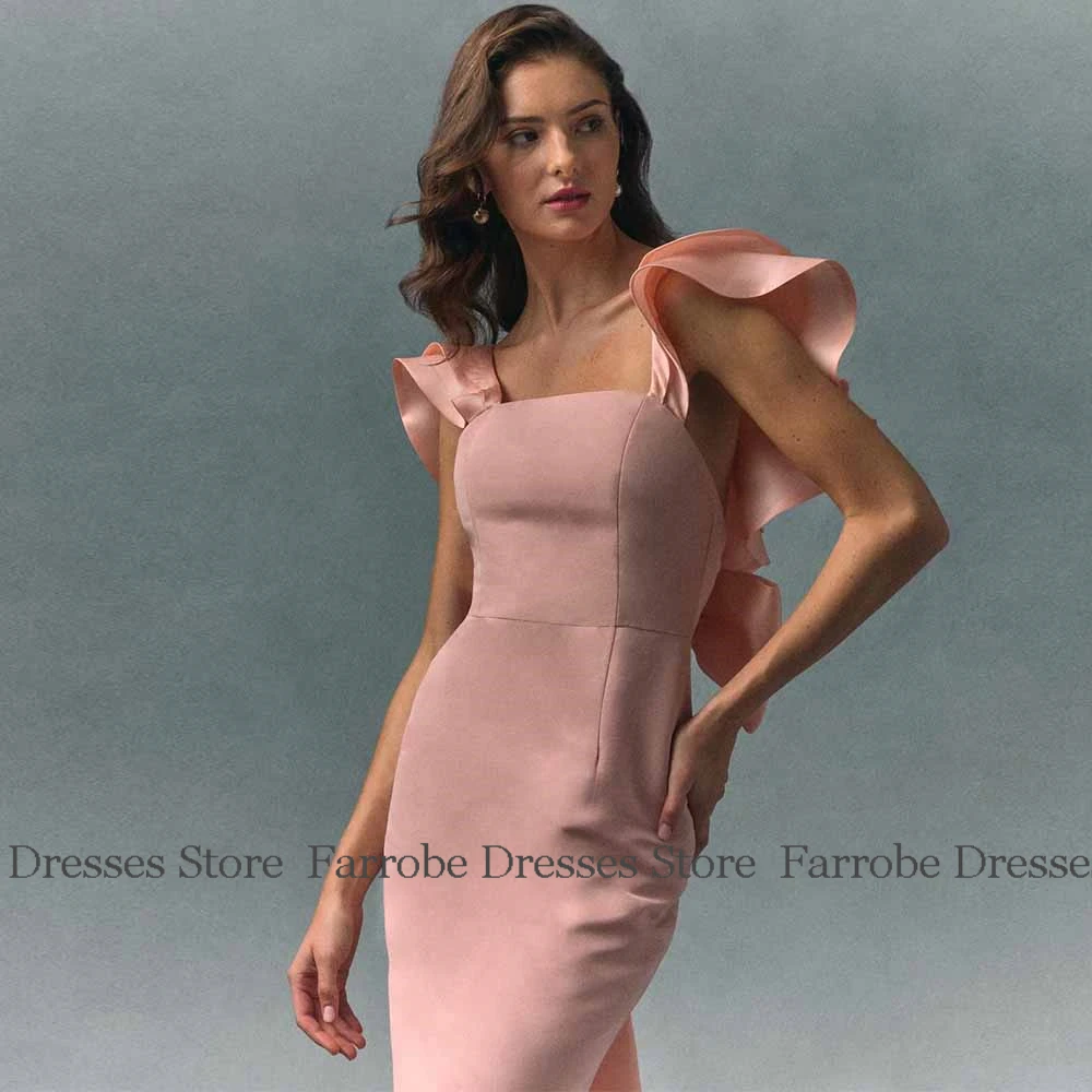 Moderne vrouw ceremoniejurken crêpe stof zeemeermin/trompet formele avondjurk roze vierkante hals ruches strik galajurk lang