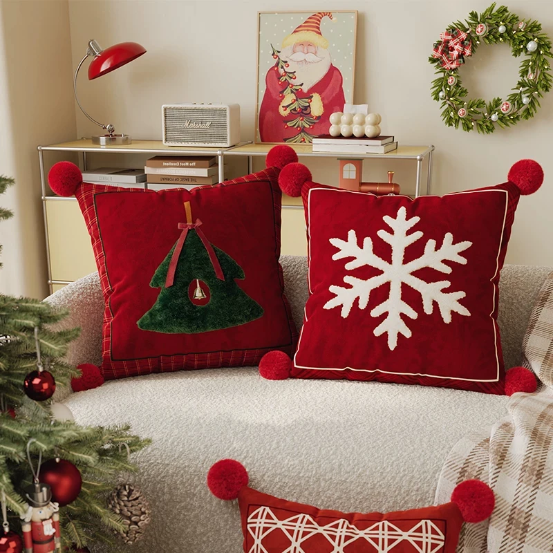 Festive Christmas Red Throw Pillow with Removable Cover for Sofa Living Room Bay Window Bedroom Decor