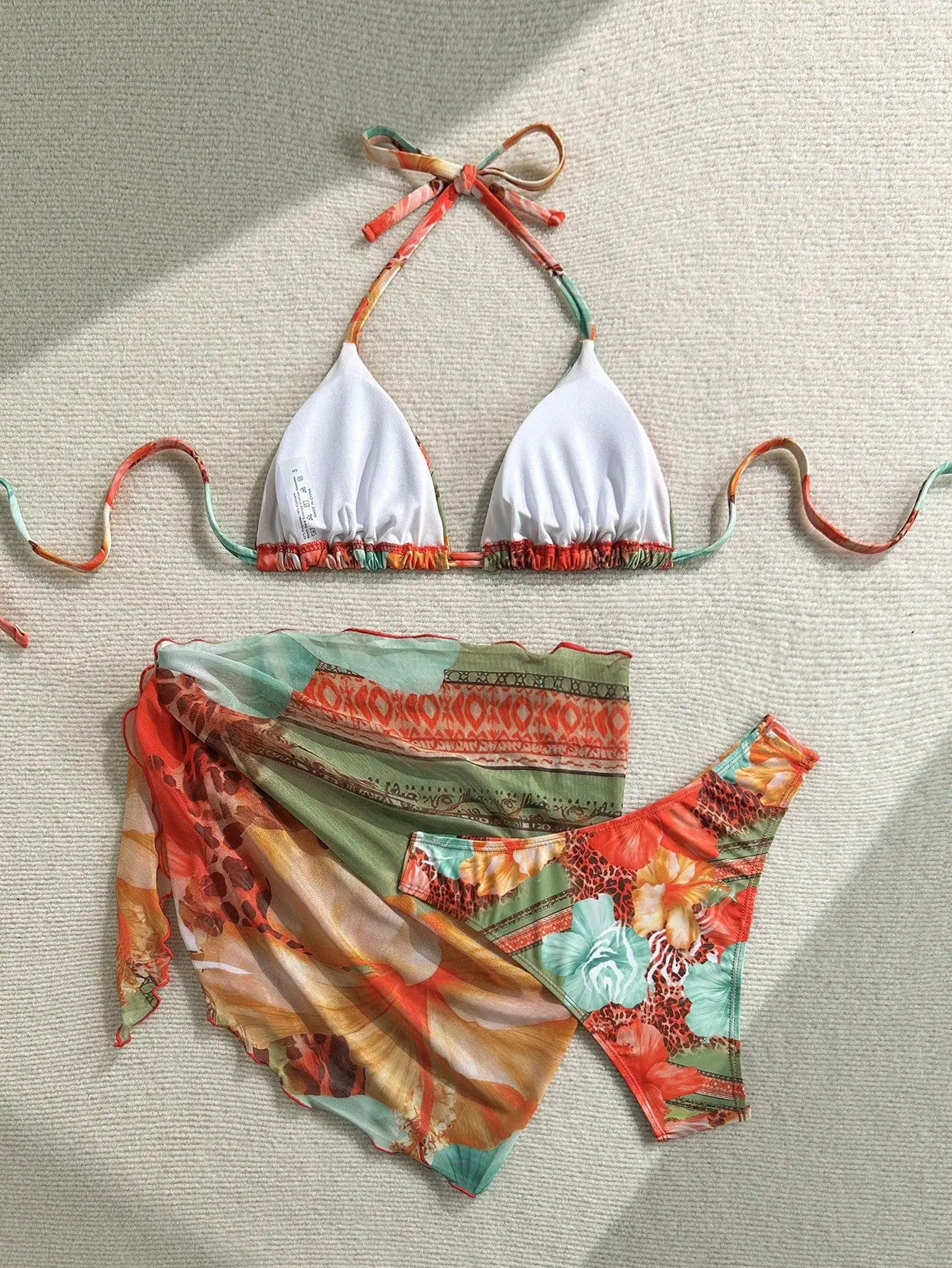 2026 3-teiliges Bikini-Trend-Set für Damen, Schürzen-Stil, vertuschender Blumendruck, verstellbare Krawatten, Badeanzug, Sommerurlaub, Blumen-Badebekleidung