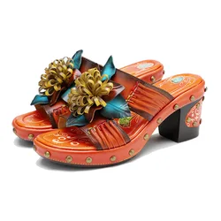 Socofy Raffan Summer Genuine Leather Hand-painted Retro High Heeled Slides Women shoes