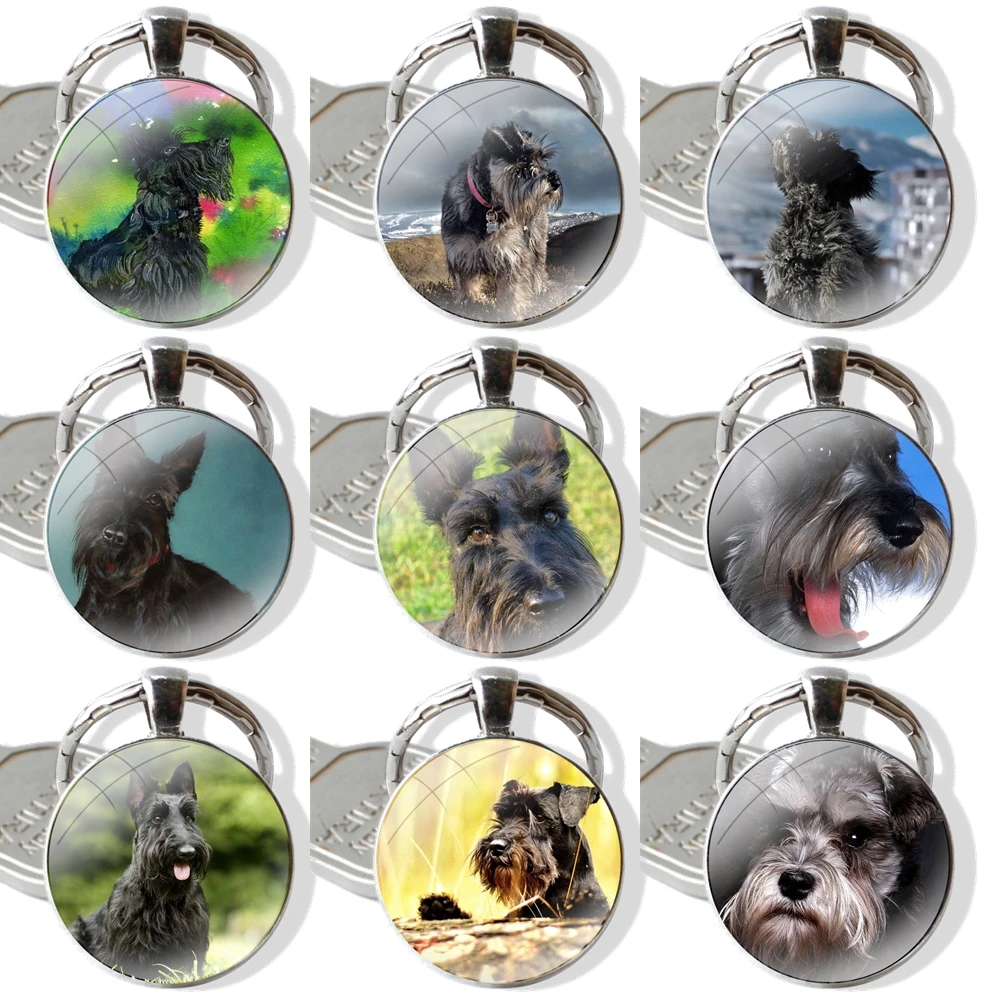 Keychain Handmade Glass Cabochon Key Ring Holder Pendant Key Chains Black Scottish Terrier Dog Puppy Pattern