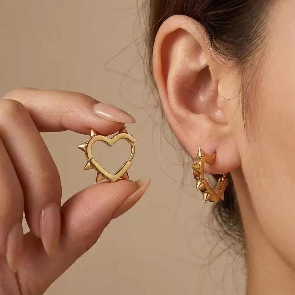 Stainless Steel Heart Hoop Earrings Geometric Design Silver Color Piercing Earrings Heart Shape 1 Piece Rivet Earrings For Women