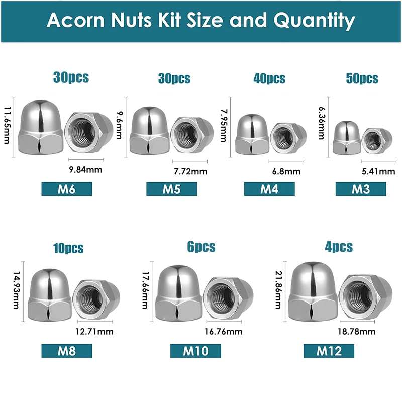 170Pcs 7 Sizes Stainless Steel Acorn Cap Nuts Kit M3-M12 Hex Dome Nuts, Acorn Hex Cap Dome Head Nut, Domed Crown Nut