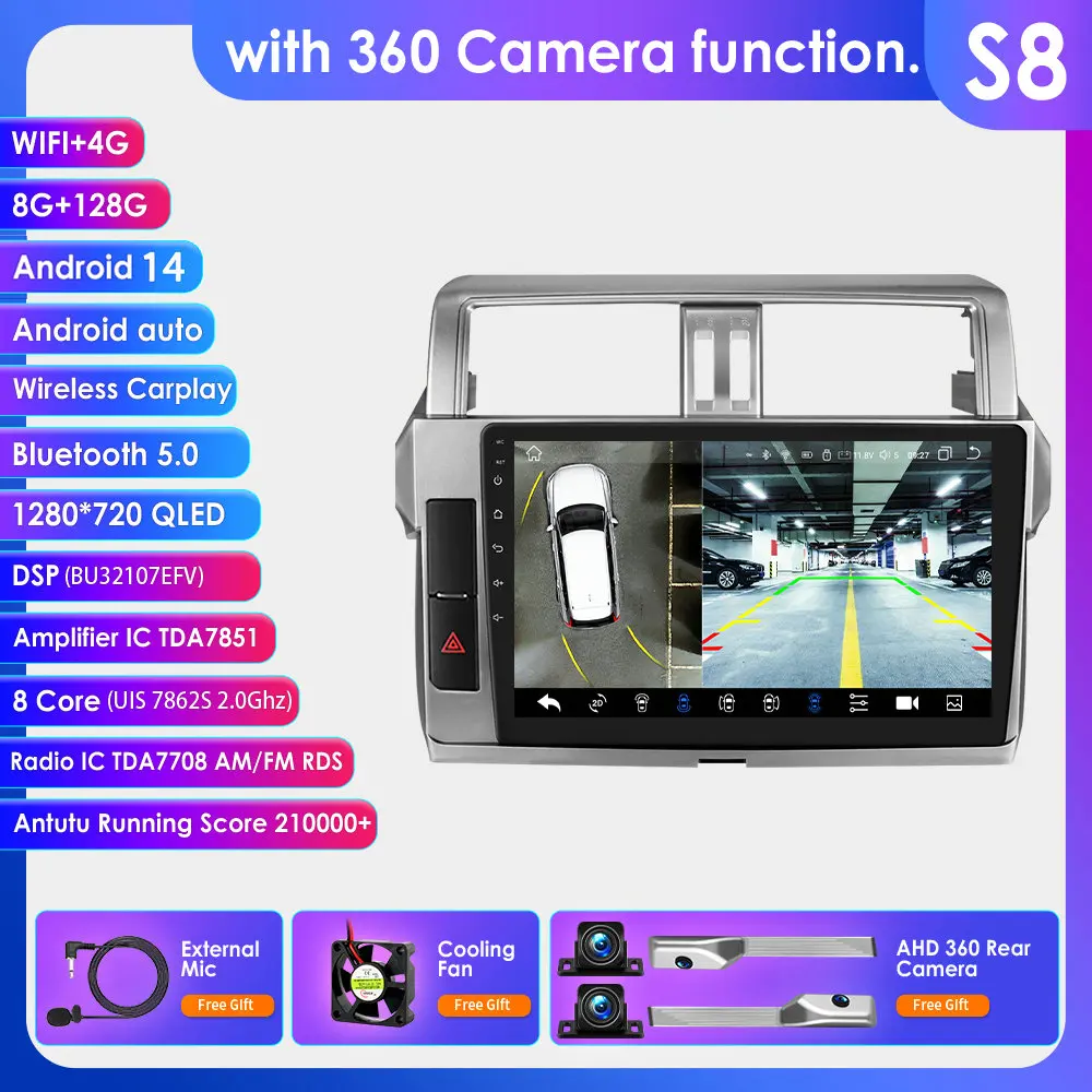 Hizpo Draadloze CarPlay Android Auto Autoradio voor Toyota Land Cruiser Prado 150 2013 - 2017 Koelventilator Android GPS Navigatie Multimedia Speler WiFi DSP RDS BT SWC IPS Touchscreen Autoradio