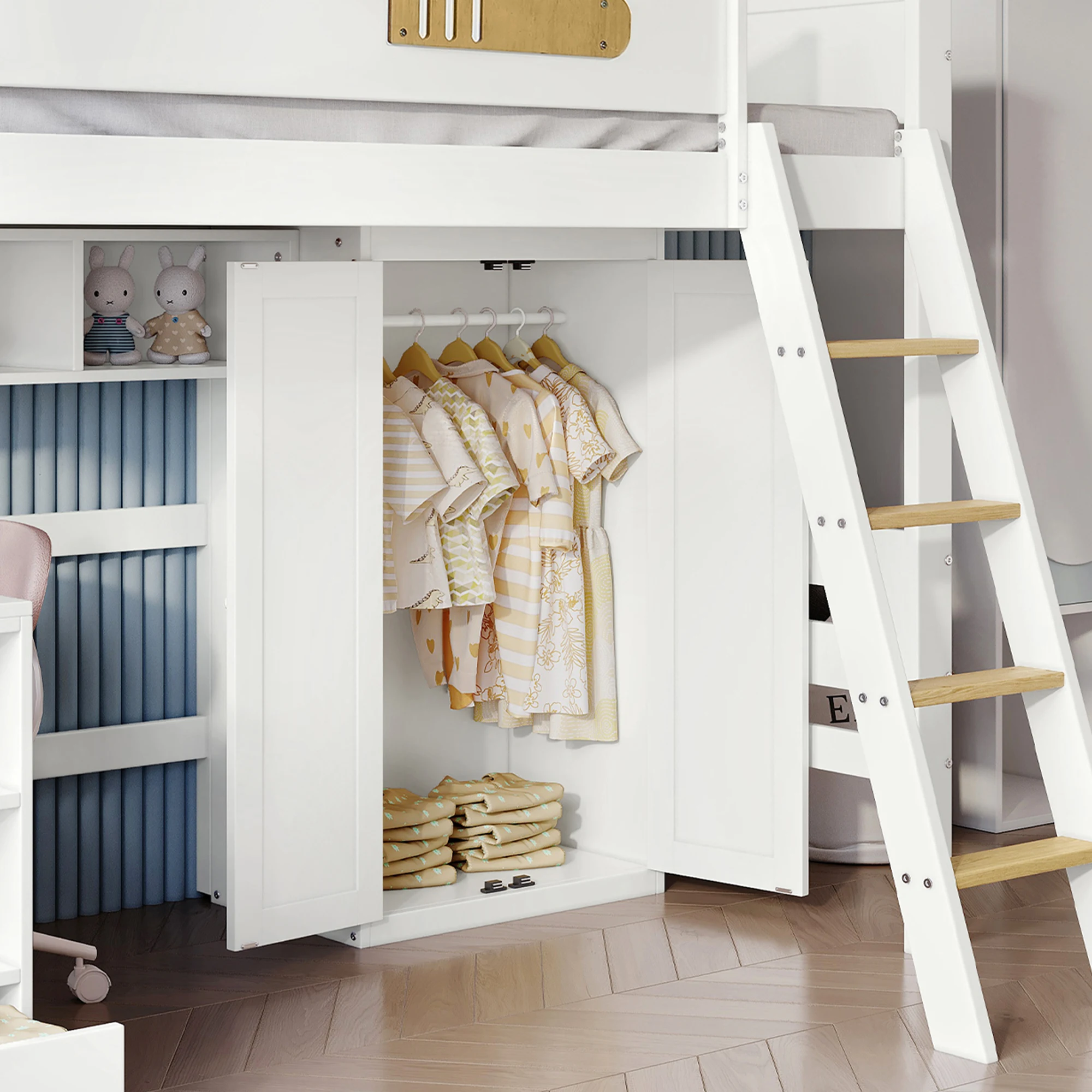 PINGGO Etagenbett für Kinder mit Fallschirmschutzgeländer, Schreibtisch, Kleiderschrank, Stauraum, 4-Stufen-Leiter, Kiefer, MDF, Sperrholz, Weiß, 90x200cm, ohne Matratze – Detail 2