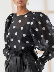 Chiffon Blouse Voor Dames Pure Poff Mouw Ronde Hals Lente Mode Polka Dot Print Casual Elegant Transparant Shirt Tops 2024